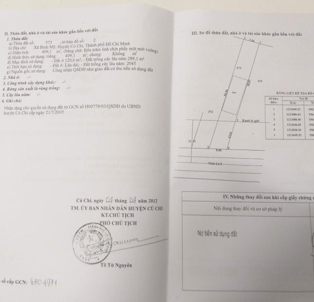 Đất 399m2 tc mặt tiền tỉnh lộ 8 Bình Mỹ Củ Chi