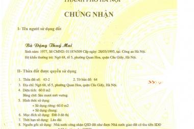 Bán nhà cấp 4 mặt ngõ 68 Cầu Giấy, Hà Nội. DT: 60m2, gía: 105tr/m2