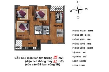 Bán căn góc, 2 mặt thoáng, 96m2, 3PN, giá 26tr/m2, chung cư Hanhud 234 Hoàng Quốc Việt
