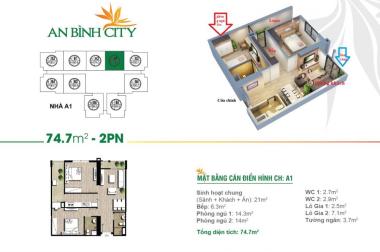 Chính chủ bán gấp căn hộ 74,7m2, (căn 2 phòng ngủ), dự án An Bình City. LH 0968188122