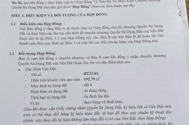 Bán lô BT12-01 dt 193m2, giá hđ 4,512 tỉ, cần bán gấp 4 tỉ trả nợ mùa dịch, LH 0938234510