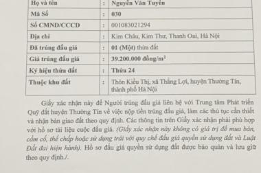 Bán đất Đấu giá thôn Kiều Thị, xã Thắng Lợi, huyện Thường Tín, Hà Nội