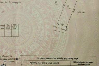 Bán đất ngõ phố Tự Đông, phường Cẩm Thượng, TP HD, 75m2, mt 4.48m, ngõ thông ô tô