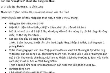 BÁN CĂN NHÀ 2 MẶT TIỀN CHÍNH CHỦ ĐANG CHO THUÊ Vị trí Đắc Địa Phường 8, Vĩnh Long