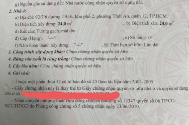 Bán hoặc cho thuê nhà tại phường Thới An Quận 12 HCM.