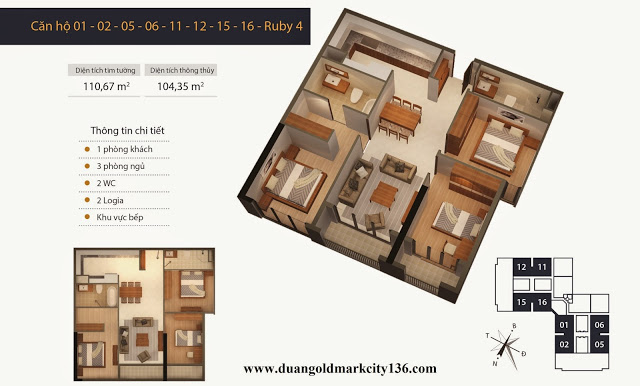 LH 0969.142.990 bán gấp căn hộ 11 Ruby 4 CC Goldmark City. DT 110.62m2, 3PN, giá 22.6tr/m2