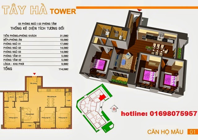 {0969.142.990} chuyển công tác căn 01 CC Tây Hà Tower, dt - 114,5m2, 3PN 2VS, ban công ĐN giá 25.3tr/m2