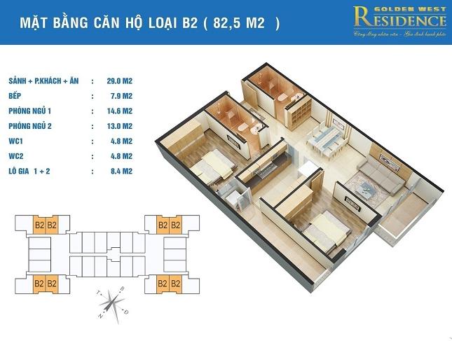 Bán chung cư Golden West Lê Văn Thiêm, DT 82,5m2, căn B2, giá 26,6 tr/m2. LH: 0983850715