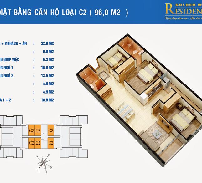 Bán chung cư Golden West căn C3, diện tích 96m2, 3PN, bao phí, giá 25,2 tr/m2