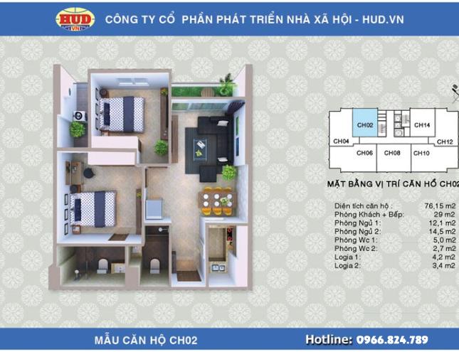 Bán gấp căn 2 phòng ngủ 76m2 (1,4 tỷ) của HUD tại KĐT Tây Nam Linh Đàm