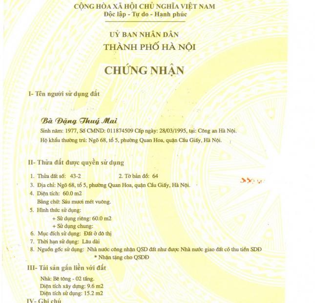 Bán nhà cấp 4 mặt ngõ 68 Cầu Giấy, Hà Nội. DT: 60m2, gía: 105tr/m2