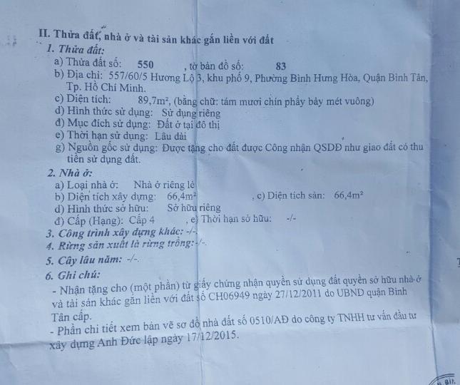 Cần bán gấp nhà hẻm 557 Hương Lộ 3, Bình Hưng Hoà, Bình Tân