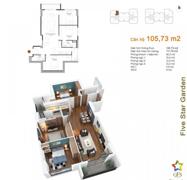 Bán giá 20,5 tr/m2 căn hộ 105,73m2 chung cư Five Star Kim Giang, 3PN, liên hệ: 0941.244.723