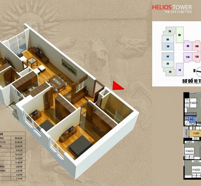 Căn hộ 3 phòng ngủ 98.5m2 CC Helios 75 Tam Trinh giá 28Tr/m2