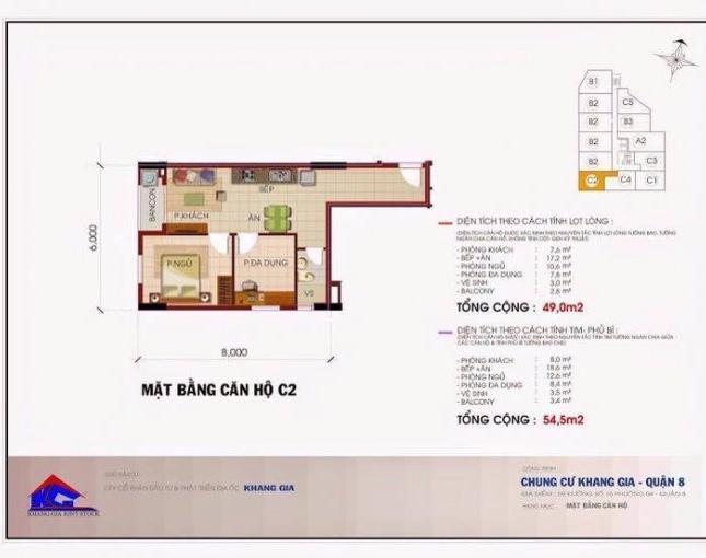 Cần sang nhượng căn hộ Khang Gia Q8 56.5m2/2PN giá 980tr (VAT). LH: 0909 768 466