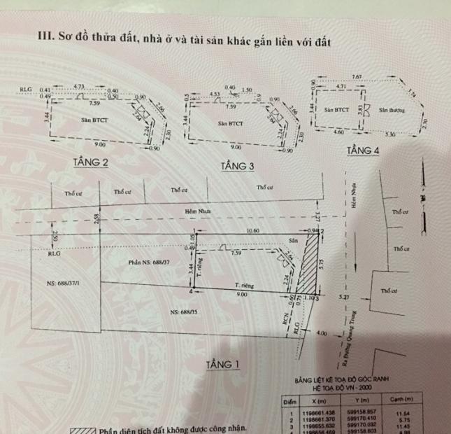 Nhà 2MT hẻm thông (7m- 3m) 688/37 Quang Trung, P11, Gò Vấp, 5.2x11m, 1t+3L, 4PN, 4WC, H. Đông- Bắc