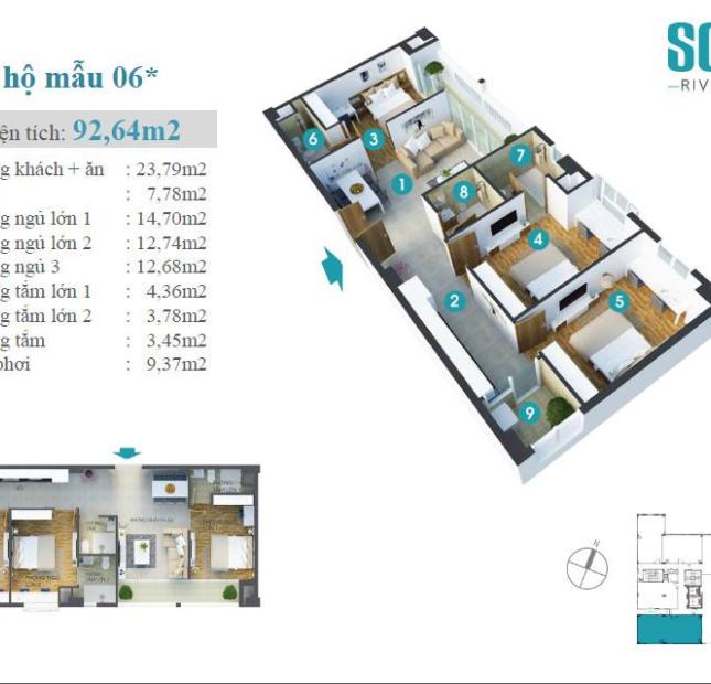 Cho thuê căn hộ Soho Riverview Quận Bình Thạnh 3 phòng ngủ, 15 triệu có nội thất. LH: 0907812929
