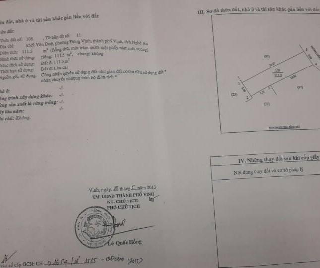 Bán đất phường Đông Vĩnh- Vinh- Nghệ An- Giá: 5.5 triệu/m2- Diện tích: 111,5 m2- ĐT: 0912.112.560