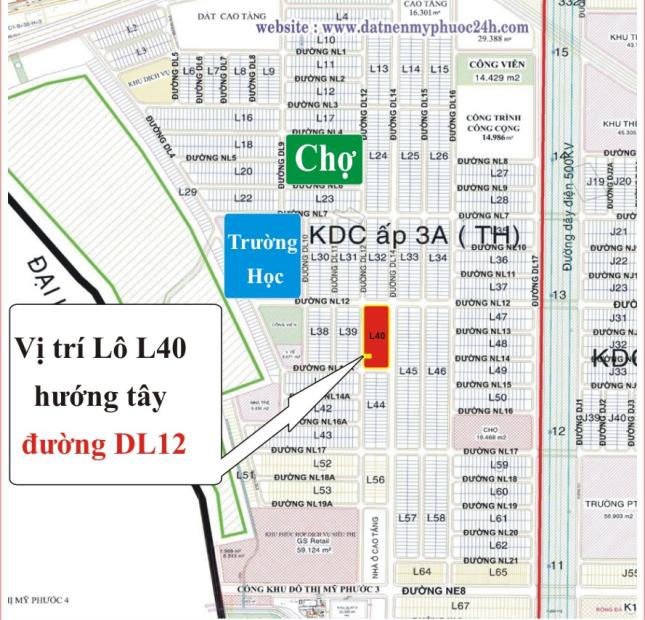 0909234094 cần bán lô L40 Mỹ Phước 3, mặt đường DL12, dân cư đông giá chỉ 670tr/150m2