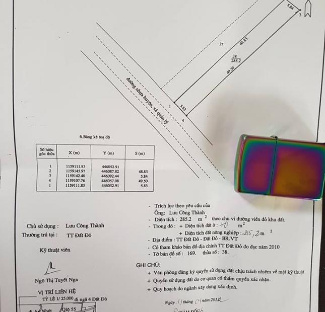 Bán đất thổ cư 285m2 mặt tiền khu trung tân thị trấn Đất Đỏ giá 210 triệu