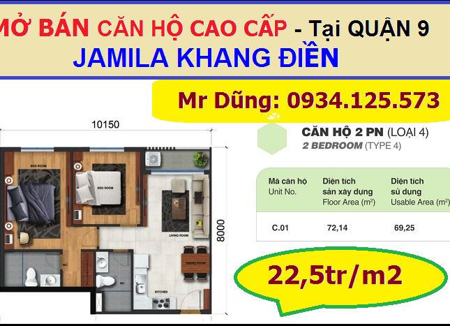 Căn hộ cao cấp Jamila Khang Điền, gía cực hấp dẫn chỉ với 22,5tr/m2, nằm ngay mt đường Song Hành