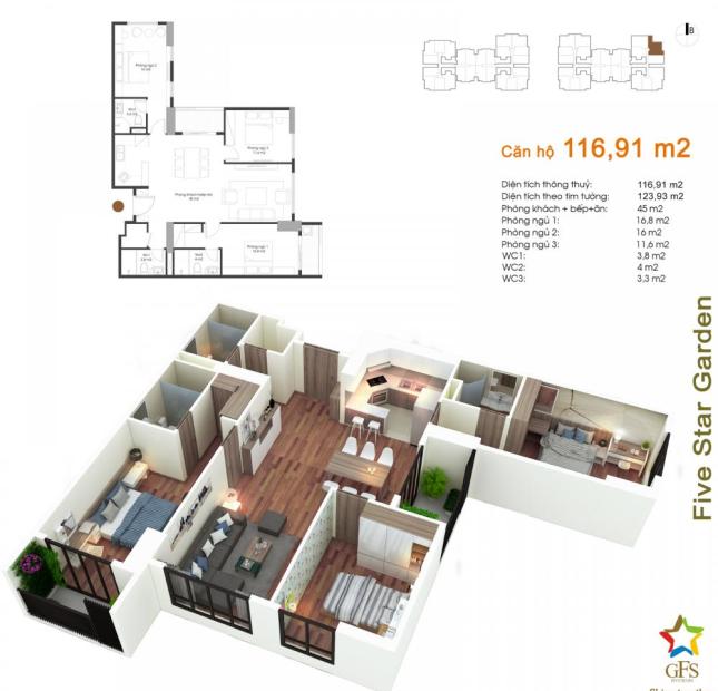 Chính chủ bán chung cư Five Star Kim Giang căn 10G5, DT 116.91m2, giá 23 tr/m2