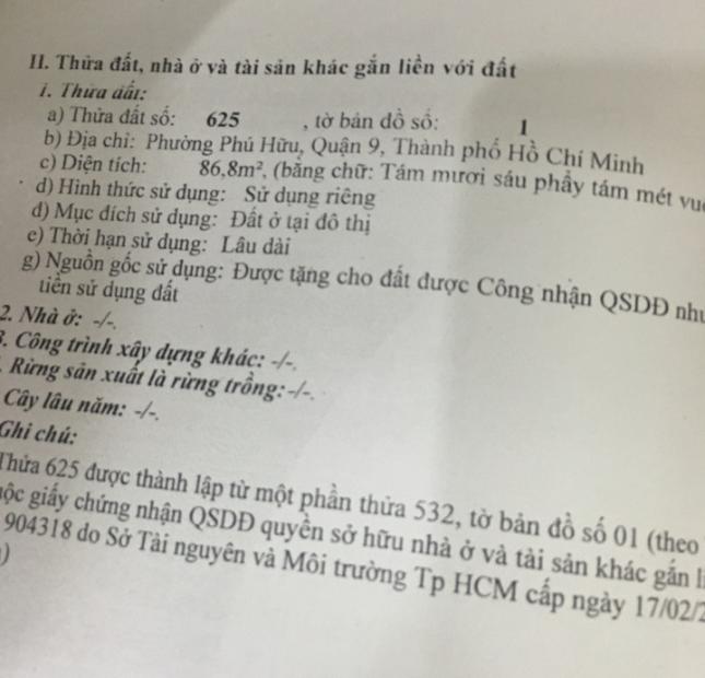 Bán lô đất thổ cư mặt tiền Bưng Ông Thoàn, Phú Hữu, Q. 9, giá tốt, thiện chí bán nhanh