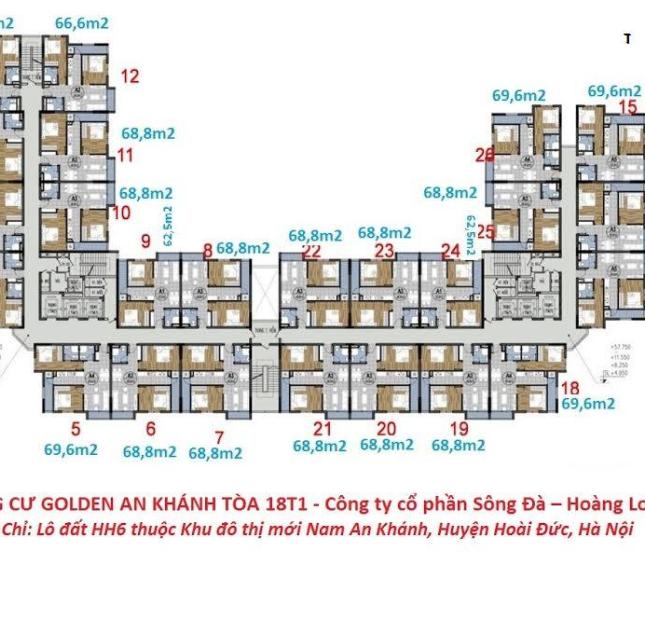Bán căn hộ chung cư Golden An Khánh tầng 1218 tòa 18T1 DT 69,6m2 giá bán 12tr/m2. LH 0986854978