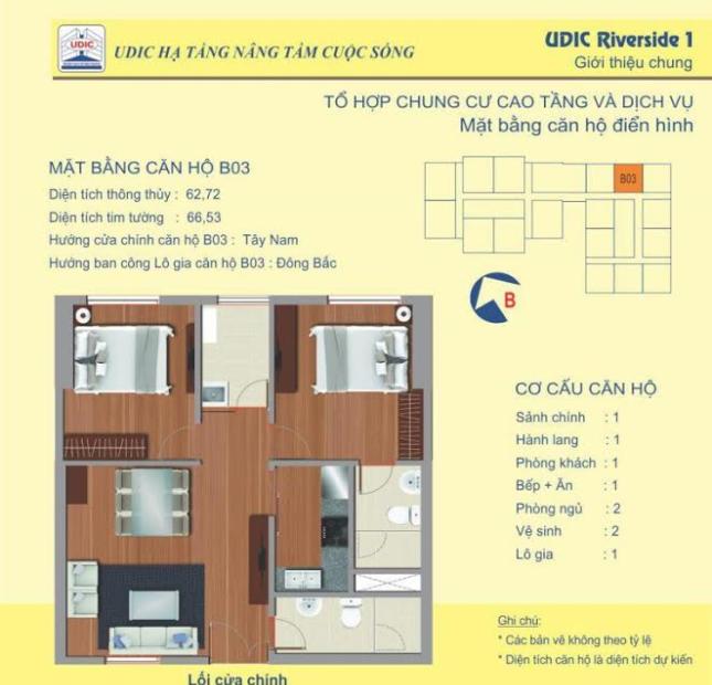 Bán gấp căn hộ 2 phòng ngủ, diện tích 64.42m2 tòa chung cư 122 Vĩnh Tuy - Udic Riverside