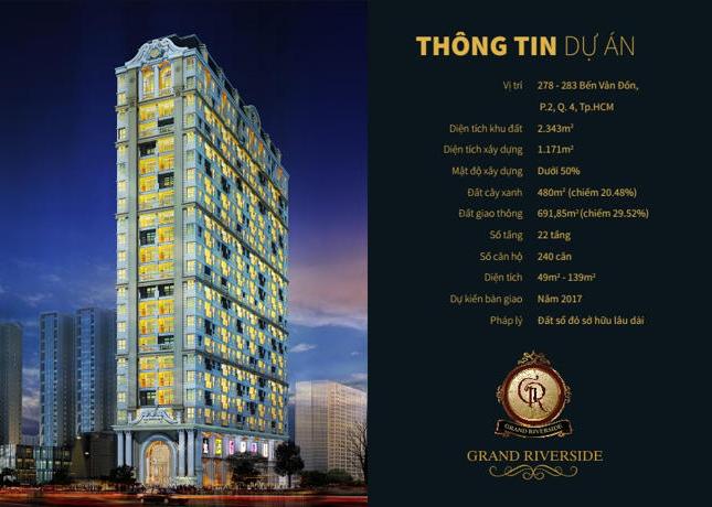 Căn hộ đường Bến Vân Đồn, cuối 2017 giao nhà, chiết khấu 180 triệu/căn. LH: 0909003043