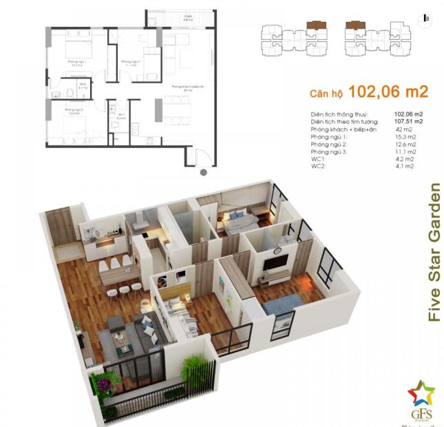 chung cư Five Star Kim Giang, căn góc 11 tòa g2 dt 102m2, 3pn, giá 22,7tr/m2,(bán gấp)