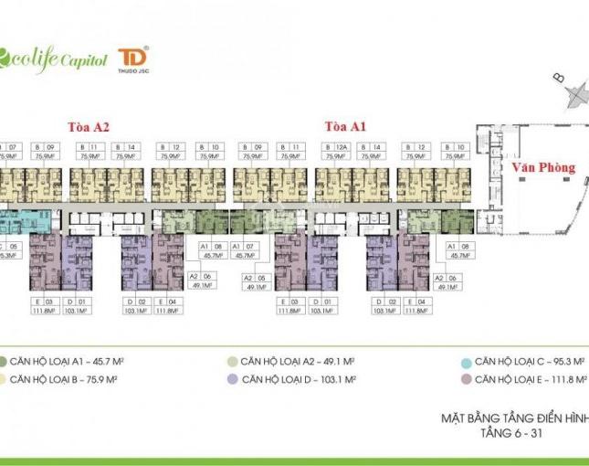 Bán chung cư Ecolife Capitol 58 Tố Hữu, căn 1510 tòa A1, DT: 75,9m2, giá 22.2 tr/m2, LH: 0934568193