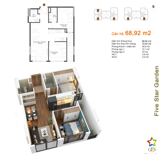 Bán căn Five Star Kim giang, căn hộ 07 tòa G1 DT: 68.92m2, 2PN, full nội thất + phí bảo trì