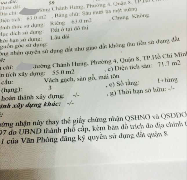 Bán nhà riêng tại Đường Phạm Hùng, Phường 4, Quận 8, Tp. HCM, diện tích 64m2, giá 4.2 tỷ