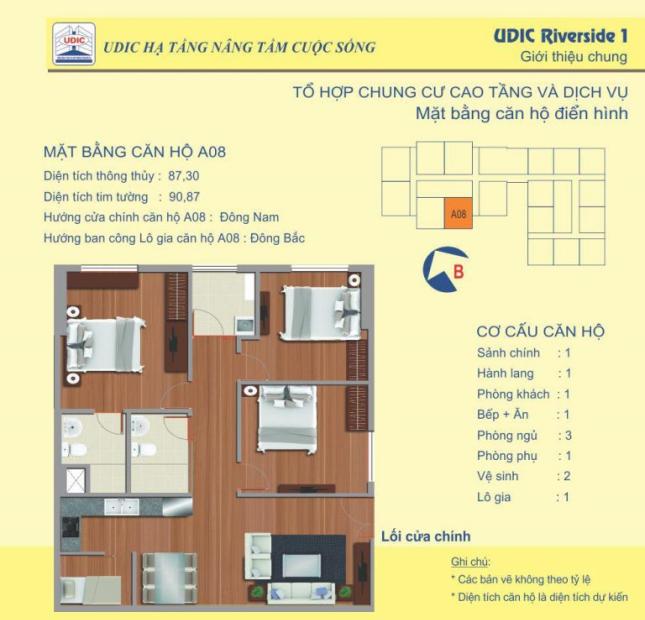 Bán căn 3 phòng ngủ, 87.3m2 chung cư Udic Riverside, phường Vĩnh Tuy, full nội thất