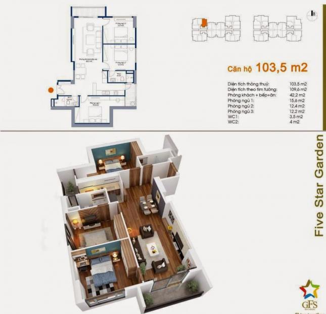 Bán rẻ căn góc 102m2 chung cư Five Star Kim Giang, tầng đẹp giá 23tr/m2. LH 0934542259