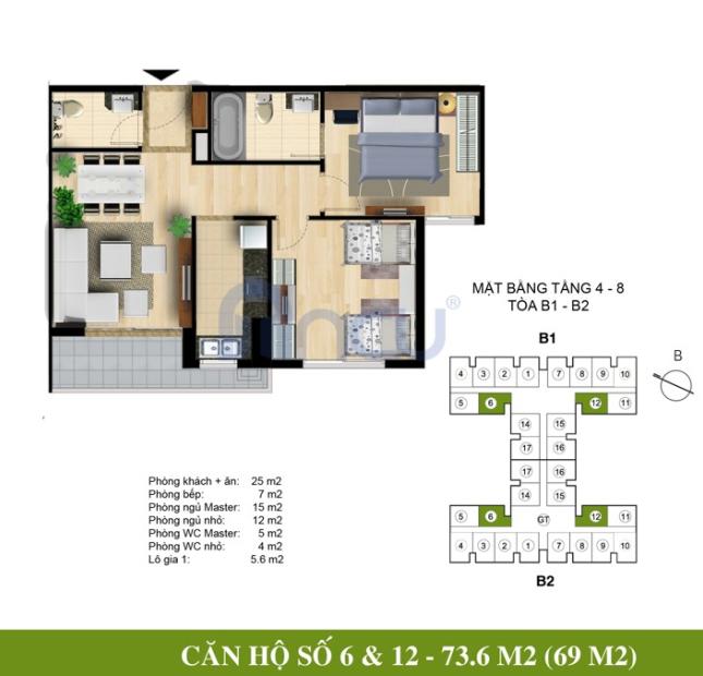 Cho thuê căn hộ cao cấp Hòa Bình Green City 72m2, 2 PN, ban công Tây Nam, giá thuê 13 triệu/tháng
