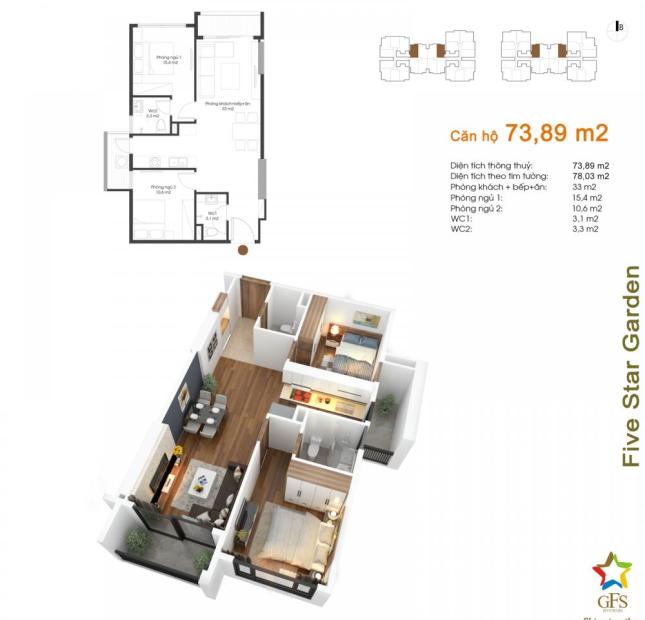 Bán gấp căn hộ giá rẻ số 01 tầng đẹp tòa G4 chung cư Five Star Kim Giang, diện tích 73,89m2, 2PN