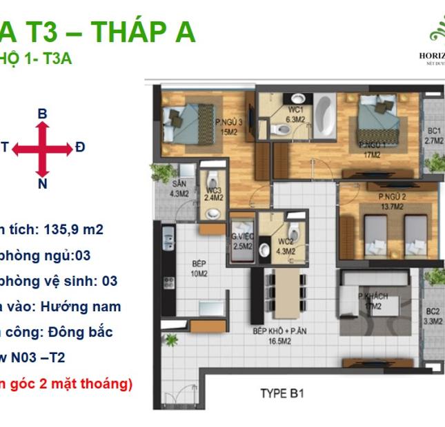 Bán CH số 1-T3A, tòa N03T3-T4 Ngoại Giao Đoàn, thiết kế Singapore độc đáo, S 135m2. Giá 27.5tr/m2