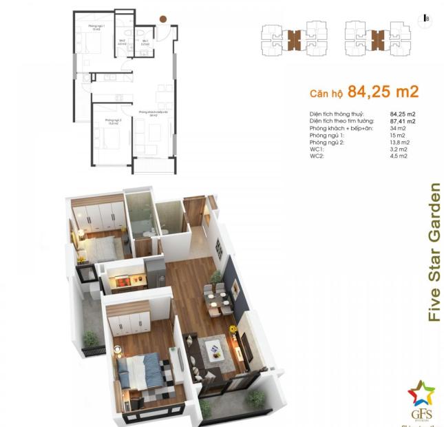 Bán căn hộ Five Star Kim Giang, căn 03 tòa G5 DT 84,25m2, 2 phòng ngủ, chính chủ: 0963565236