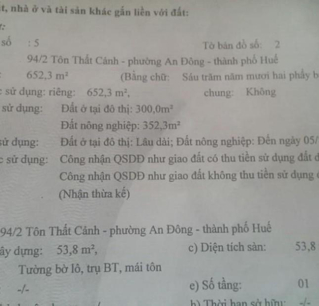 Bán đất 94/2 Tôn Thất Cảnh, Phường An Hòa, TP.Huế