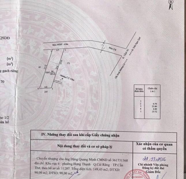 Bán nền hẻm 278/11 Tầm Vu, Hưng Lợi, giá 1.6 tỷ