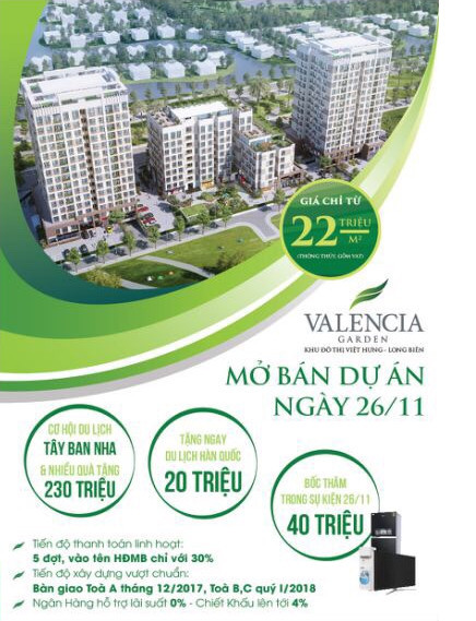 Tưng bừng mở bán dự án Valencia Garden ngày 26/11 quà tặng lên tới 40 triệu lh 09345 989 36