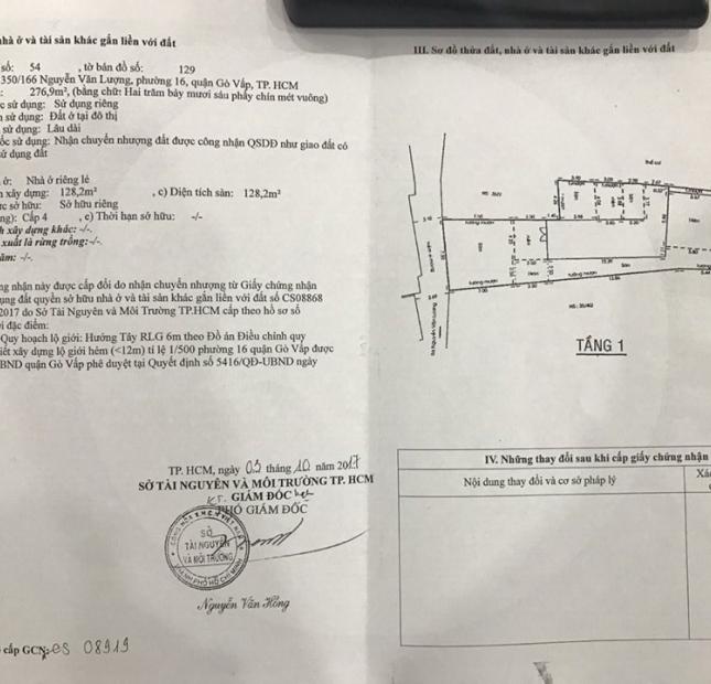 Bán nhà hẻm 350, Nguyễn Văn Lượng, Phường 16, Quận Gò Vấp, 7,5 x 33m, cấp 4, giá 8,5 tỷ