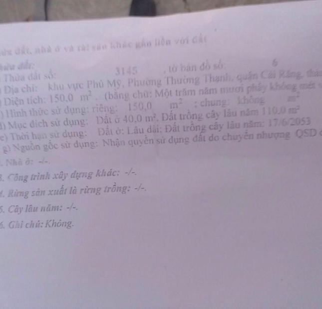 Bán cặp nền thổ cư KV Thường Thạnh, Cái Răng, gần cầu Ấp Mỹ, đại học Tây Đô - Giá 800 triệu / cặp