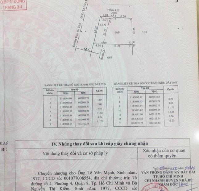 Bán gấp lô đất vị trí đẹp lô góc 2 mặt tiền đường Đào Sư Tích, Nhà Bè, DT 14x18m. Giá 8,8 tỷ