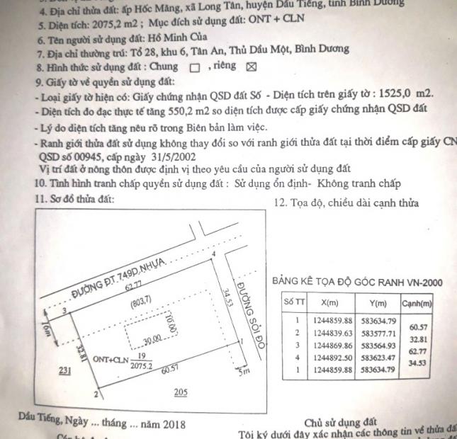 Bán đất đường ĐT 749D, xã Long Tân, Dầu Tiếng
