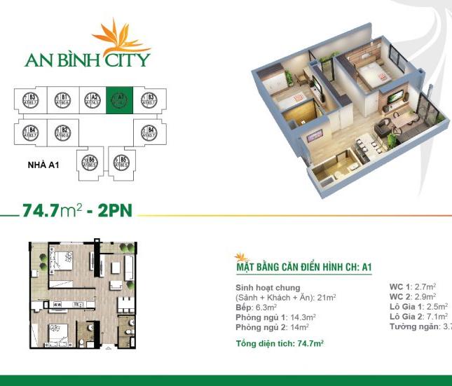 Bán căn hộ 74,7m2 tòa A8 chung cư dự án An Bình City 232 Phạm Văn Đồng