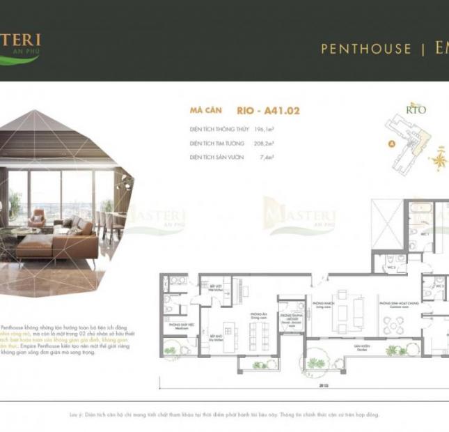 Mở bán Penthouse Masteri An Phú, tầm nhìn 360 về Q1, sông Sài Gòn, 45 tr/m2, CK 1%. PKD 0906626505