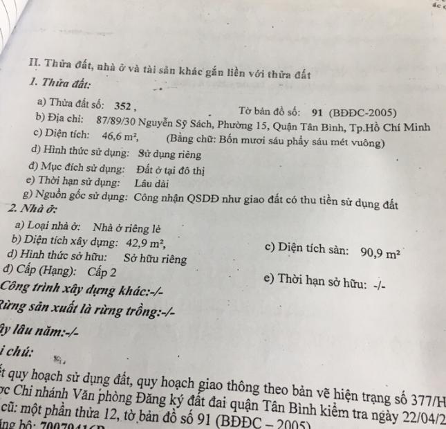 Bán Nhà 87/89/30 Nguyễn Sỹ Sách.P15.TB- 4,3 tỷ TL